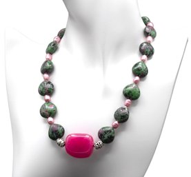 Lot 915WA - Chunky Green, Black, Pink Stones & Fresh Water Pearls Necklace