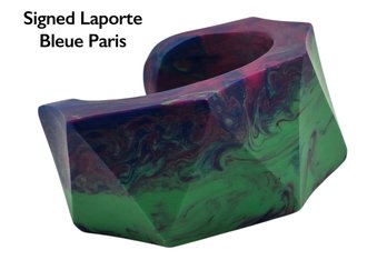 Lot 958WA - 1980s Signed Laporte Bleue Paris Purple-green Swirl Resin Bracelet - French Costume Jewelry