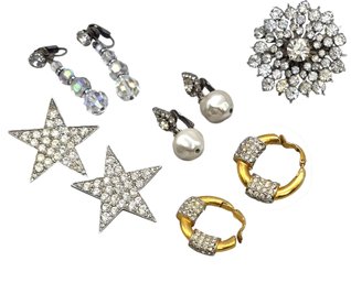 Lot 966WA - Mid Century Collection - Costume Rhinestone Brooch, Four Pairs Of Clip-on Earrings