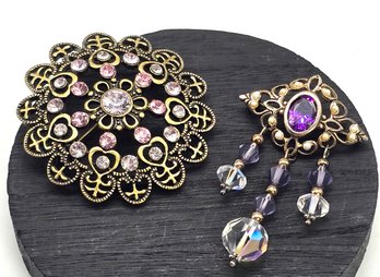 Lot 820LC - 2 Pretty Purple & Pink With Clear Faceted Rhinestones Dotted Tiny Faux Pearls Pins