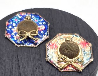 Lot 824LC - 1950-60s 2 Sun Bonnets With Mesh Center Wide Brim Hats Pins - Colorful Glitter Enamel Inlay