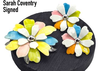 Lot 924SES - Summertime Fun! 1960s Sarah Coventry Signed Enamel Pastel Flower Pin And Clip-on Earrings