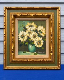 Lot 419 - 1950-70s Signed Floral Still Life - Original Oil On Canvas - Ornate Gilt Gold & Green Wood Frame