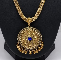 Lot 804LC - Ornate Boho Costume Gold - Double Heavy Chain & Blue Cabochons Pendant - Victorian Inspired