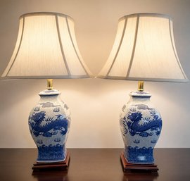 Lot 375 - 1980s Chinese Blue/white Porcelain Table Lamps Chinoiserie Ginger Jar Vase Imperial Dragon Motif