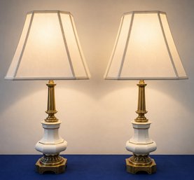 Lot 376 - 1960s Pair Of Signed Stiffel Lamps Brass & White Neoclassical / Hollywood Regency Influence