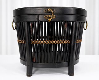 Lot 267 - 1970-80s Asian Style Black Bamboo Tropical Storage Basket - Hinged Lid - Brass-tone Rings & Lath