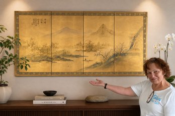 Lot 365 - Original 1970s Japanese 4-panel Byobu Folding Screen, Showa Era, Handpainted Silk Landscape 4 Panel