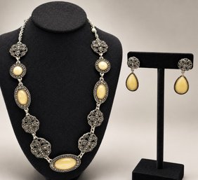 Lot 839LC - Vintage Demi Parure Marcasite Floral Designed With Yellow Cabochons Necklace & Matching Earrings