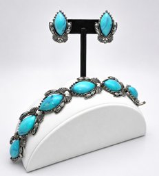 Lot 828LC - 1950s Faux Turquois Cabochons Oval Shaped On Silvertone Bracelet & Matching Clip-on Earrings