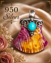 Lot 853LC - 950 Silver With Turquoise Cabochon & Dragon Vein Agate Southwestern Style Pendant