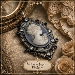 Lot 819LC - Grey Victorian Inspired Lady Costume Cameo Clear Rhinestone Pendant - Encased In Gunmetal Frame