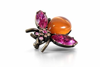 Lot 445LC - Bzzzzzzzz! Bumble Bee Brooch Pin With Pink Rhinestones And Orange Cabochon Stone