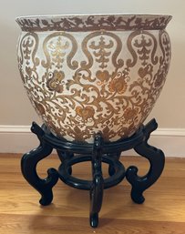 Lot 317 - Asian Koi Fish Chinese Hand Painted Gold Chinoiserie Porcelain Planter Pot