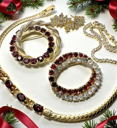 Lot 342LC - Pretty In Red! Tiny Crystal Rhinestone Monet Bracelet - Goldtone Pierced Earrings - Wreaths
