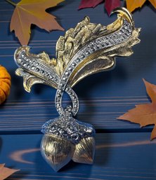Lot 345LC - 1990s Signed Avon Golden Oak Leaf Acorn Statement Pin Gold & Silvertone Accented Marcasite