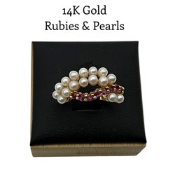 Lot 1DD- 14K Gold Rubies & Pearls Ring Size 6 - Fine Jewelry - WE SHIP! - Weight In Photo