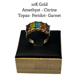 Lot 3DD- 10K Gold - Amethyst - Citrine- Topaz- Peridot- Garnet Ring Size 6 - WE SHIP! - Weight In Photos
