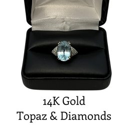 Lot 4DD- 14K Gold Blue Topaz And Diamonds Ring Size 6 1/2 - Weight In Photos - WE SHIP!