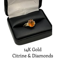 Lot 6DD- 14K Gold 585 Citrine & Diamonds Ring Size 6 1/2 - Weight In Photos - WE SHIP!