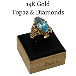 Lot 8DD- 14K Gold With Blue Topaz Marquise Ring Size 6 - Weight In Photos- WE SHIP! Statement Jewelry!
