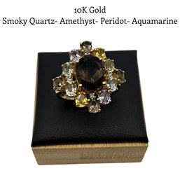 Lot 11DD- 10K Gold Cocktail Ring - Citrine - Amethyst- Smoky Quartz- Peridot - Aquamarine Ring Size 7