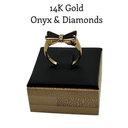 Lot 13DD- 14K Gold Onyx & Diamonds Bow Ring Size 6 - WE SHIP! Weight In Photos