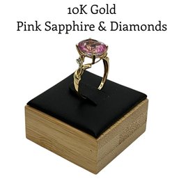 Lot 14DD- 10K Gold With Oval Cut Pink Sapphire & Diamonds Ring Size 7 - WE SHIP! Weight In Photos