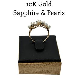 Lot 16DD- 10K Gold With Sapphires & Pearls Ring Size 6 - WE SHIP!! Weight In Photos