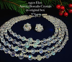 Lot 347LC - 1950s Aurora Borealis Necklace And Earrings Set In Original Box - 4 Strands Crystal Rhinestones