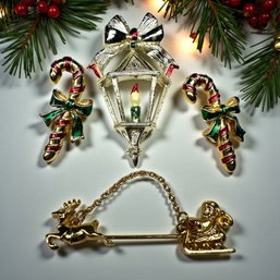 Lot 349LC - 1950s Gerry's Pretty Christmas Lantern Brooch - Avon Candy Canes & Santa Sleigh Pin