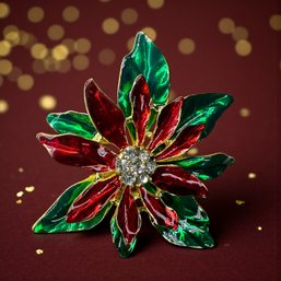Lot 350LC - 2011.FL Bright Statement Enamel Red Green Poinsettia Blossom & Holly Rhinestone Center Brooch Pin