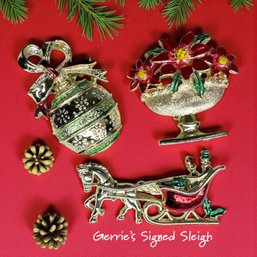 Lot 351LC - 2011.FL Bright Statement Enamel Red Green Poinsettia Blossom & Holly Rhinestone Center Brooch Pin