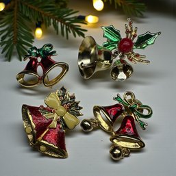 Lot 355LC - Vintage Ding Dong Bells Galore - Red Green Enamel - One 3D Goldtone With Holly & Berry Brooch Pins