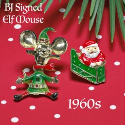 Lot 358LC - 1950s Festive Elf Mouse Signed By BJ & Tiny Santa In Sleigh Stamped Tawain - Pins Brooch