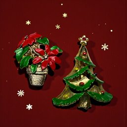 Lot 359LC - 1950s Poinsettia & Christmas Tree Enamel & Goldtone - Stamped Taiwan Pins Brooch