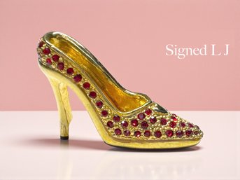 Lot 502LC - Miniature Red Ruby Rhinestones Goldtone High Heel Collectible Shoe - Signed LJ