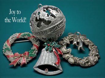 Lot 504LC - Joy To The World! Pewter Merry Christmas Globe - Wreaths - Silvertone Bell - One Signed Fort