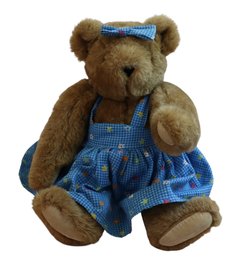 Lot 225CV - Vermont Teddy Bear Company Brown Bear Plush In Blue Flowered Dress & Hair Bow