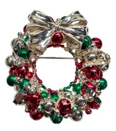 Lot 508LC - Colorful Silvertone Christmas Wreath Red Green Signed Best - Pin & Pendant