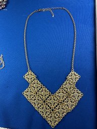 Lot 510LC - 1960-70s Egyptian Revival Filigree Lacey Bib Necklace- Brushed Goldtone
