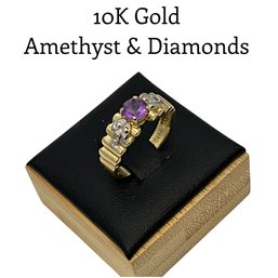 Lot 18DD- 10K Gold With Amethyst & Diamonds Ring Size 7 - WE SHIP! Weight In Photos