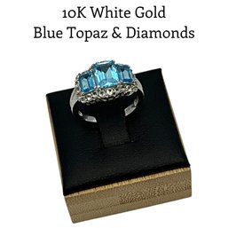 Lot 19DD- 10K White Gold Triple Blue Topaz & Diamonds Ring Size 7 - WE SHIP! Weight In Photos