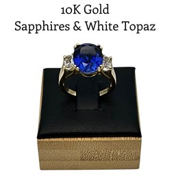 Lot 20DD- 10K Gold Blue Sapphire With White Topaz Ring Size 6 1/2 - WE SHIP! Weight In Photos
