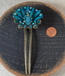 Lot 438LC - Gorgeous Asian Made Peacock Aqua Gems Hair Ornament Comb - 5 Inches!!!