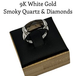 Lot 21DD- 9K White Gold With Smoky Quartz And Diamonds Ring Size 6 1/2 - WE SHIP! Weight In Photos