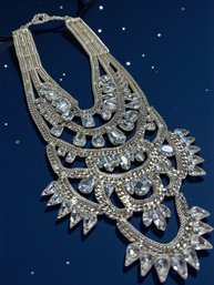 Lot 512LC - Vintage Boho Bohemian Indian Statement Necklace Silvertone Chainmail Metal - Clear Rhinestones
