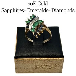 Lot 22DD- 10K THL Sapphire Emeralds & Diamonds Ring Size 8 - WE SHIP! Weight In Photos