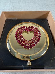 Lot 441LC - LOVE! Monet Heart Compact Mirror Gold Metal Case With Red Rhinestones - Valentines Day!