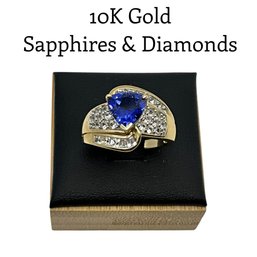 Lot 23DD- 10K Gold THL Sapphires & Diamonds Ring Size 7 - WE SHIP! Weight In Photos
